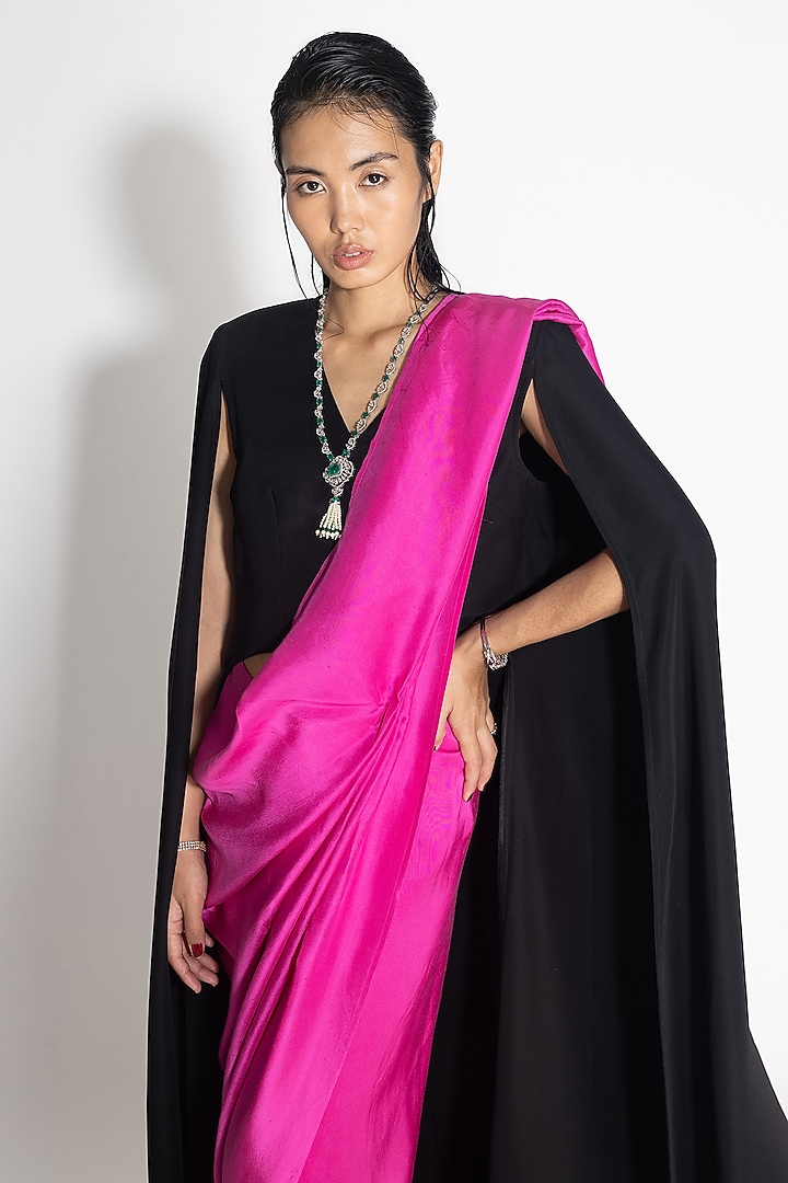 Fuchsia Japanese Crepe & Silk Pre-Draped Wedding Saree Set by 431-88 By Shweta Kapur at Pernia's Pop Up Shop