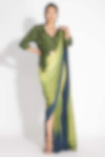 Green & Ink Blue Ombre Satin Pre-Draped Saree Set by 431-88 By Shweta Kapur