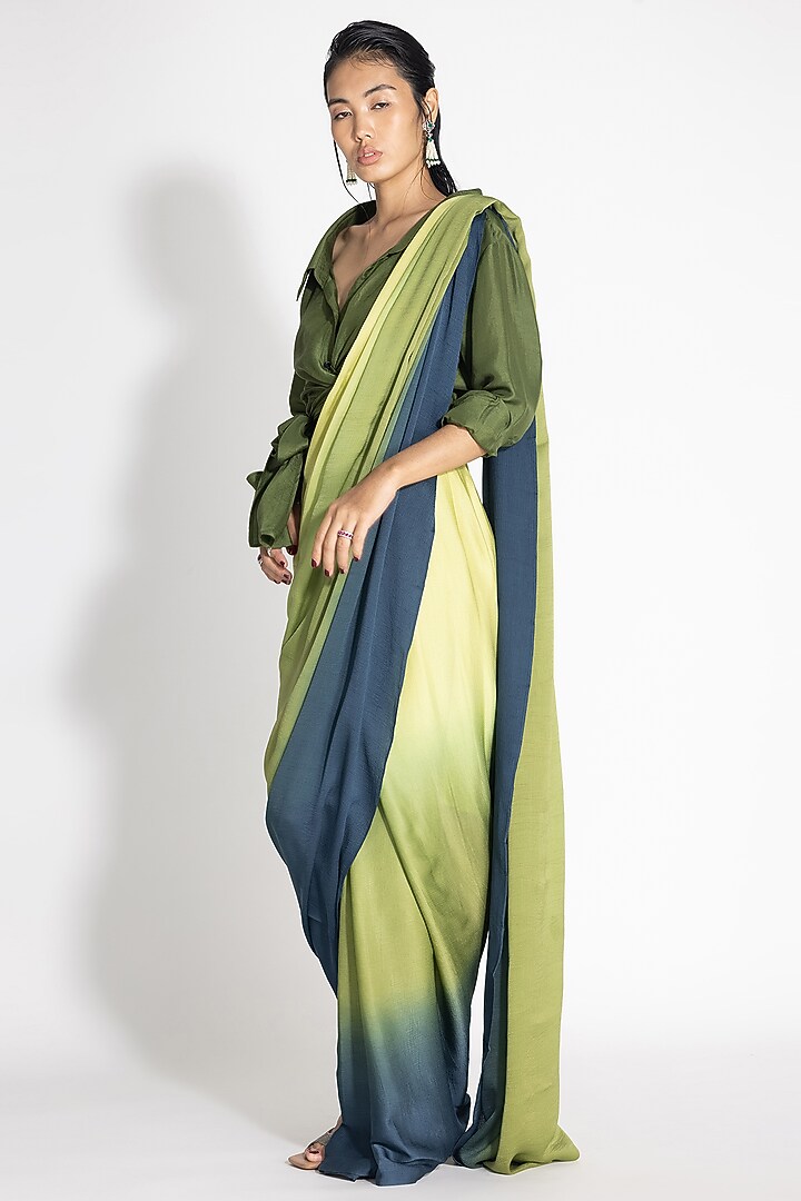 Green & Ink Blue Ombre Satin Pre-Draped Wedding Saree Set by 431-88 By Shweta Kapur at Pernia's Pop Up Shop