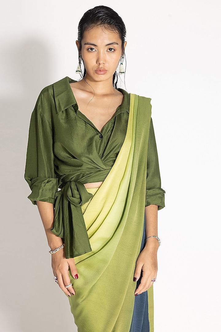 Green & Ink Blue Ombre Satin Pre-Draped Wedding Saree Set by 431-88 By Shweta Kapur at Pernia's Pop Up Shop