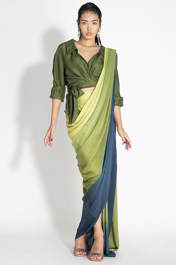 Green & Ink Blue Ombre Satin Pre-Draped Wedding Saree Set by 431-88 By Shweta Kapur at Pernia's Pop Up Shop
