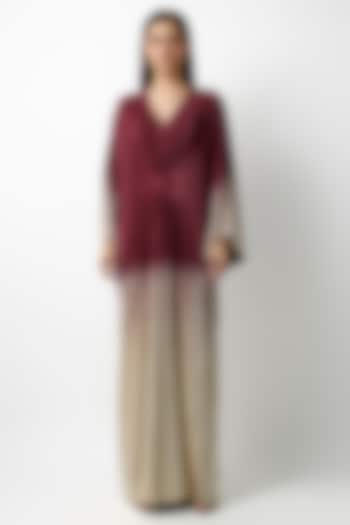 Maroon & Gold Pleated Ombre Metallic Kaftan Cocktail Dress by 431-88 By Shweta Kapur at Pernia's Pop Up Shop