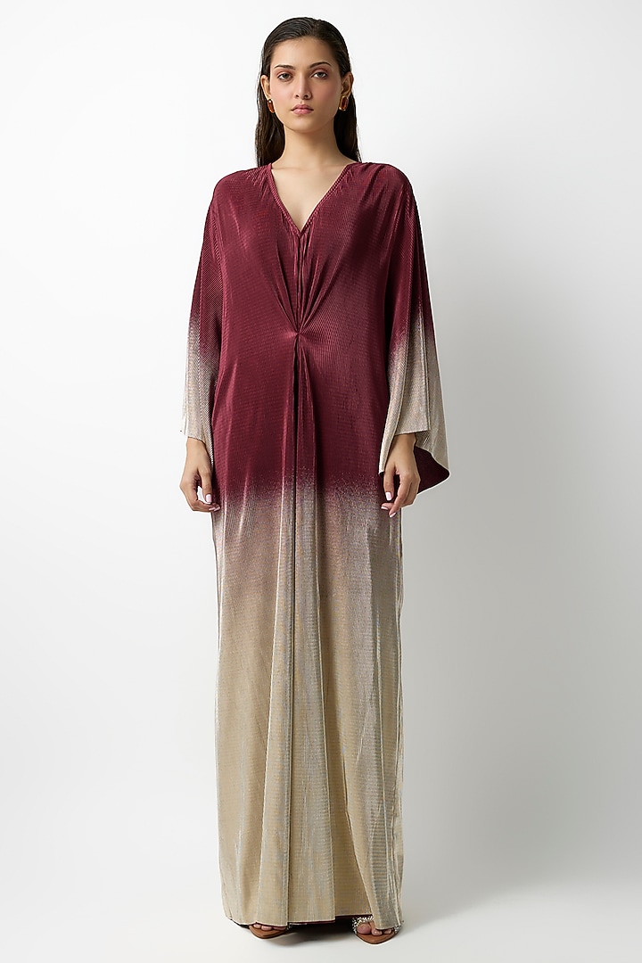 Maroon & Gold Pleated Ombre Metallic Kaftan Cocktail Dress by 431-88 By Shweta Kapur at Pernia's Pop Up Shop