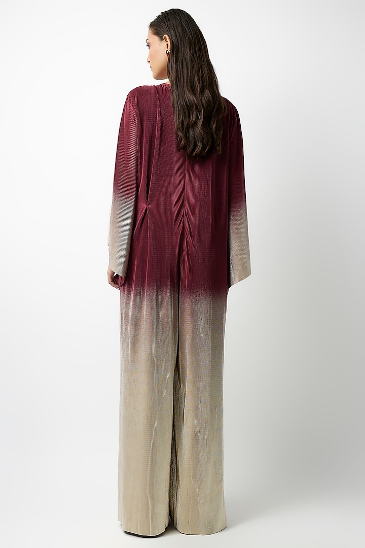 Maroon & Gold Pleated Ombre Metallic Kaftan Cocktail Dress by 431-88 By Shweta Kapur at Pernia's Pop Up Shop