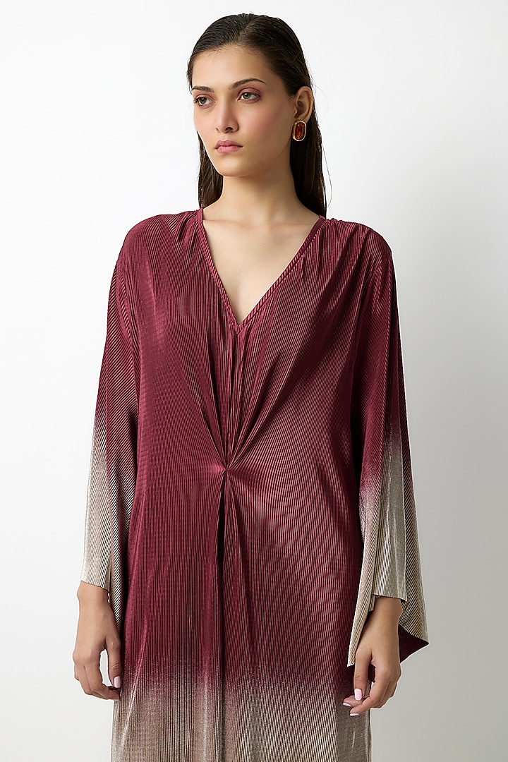 Maroon & Gold Pleated Ombre Metallic Kaftan Cocktail Dress by 431-88 By Shweta Kapur at Pernia's Pop Up Shop