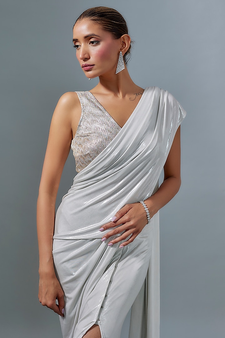 Ecru Liquid Jersey Draped Wedding Saree by 431-88 By Shweta Kapur at Pernia's Pop Up Shop