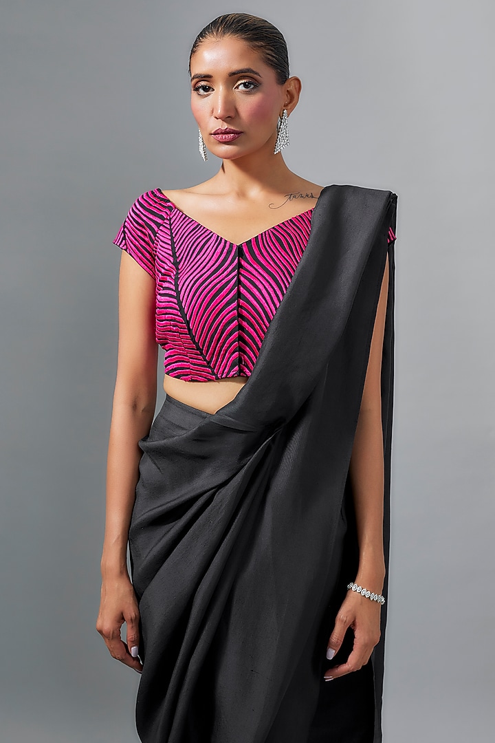 Black Silk Pre-Draped Wedding Saree by 431-88 By Shweta Kapur at Pernia's Pop Up Shop