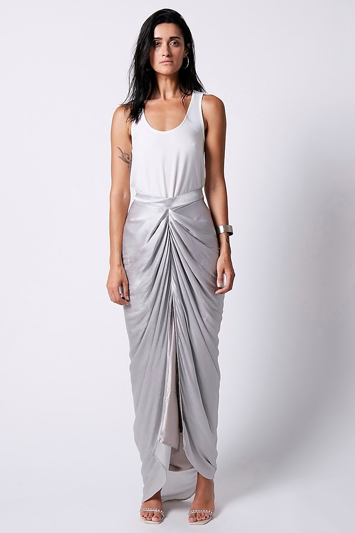 Grey Satin Chiffon Draped Skirt by 431-88 By Shweta Kapur at Pernia's Pop Up Shop