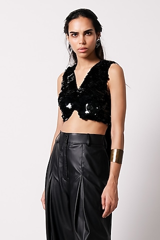 Black Cotton & Fringe Blouse by 431-88 By Shweta Kapur