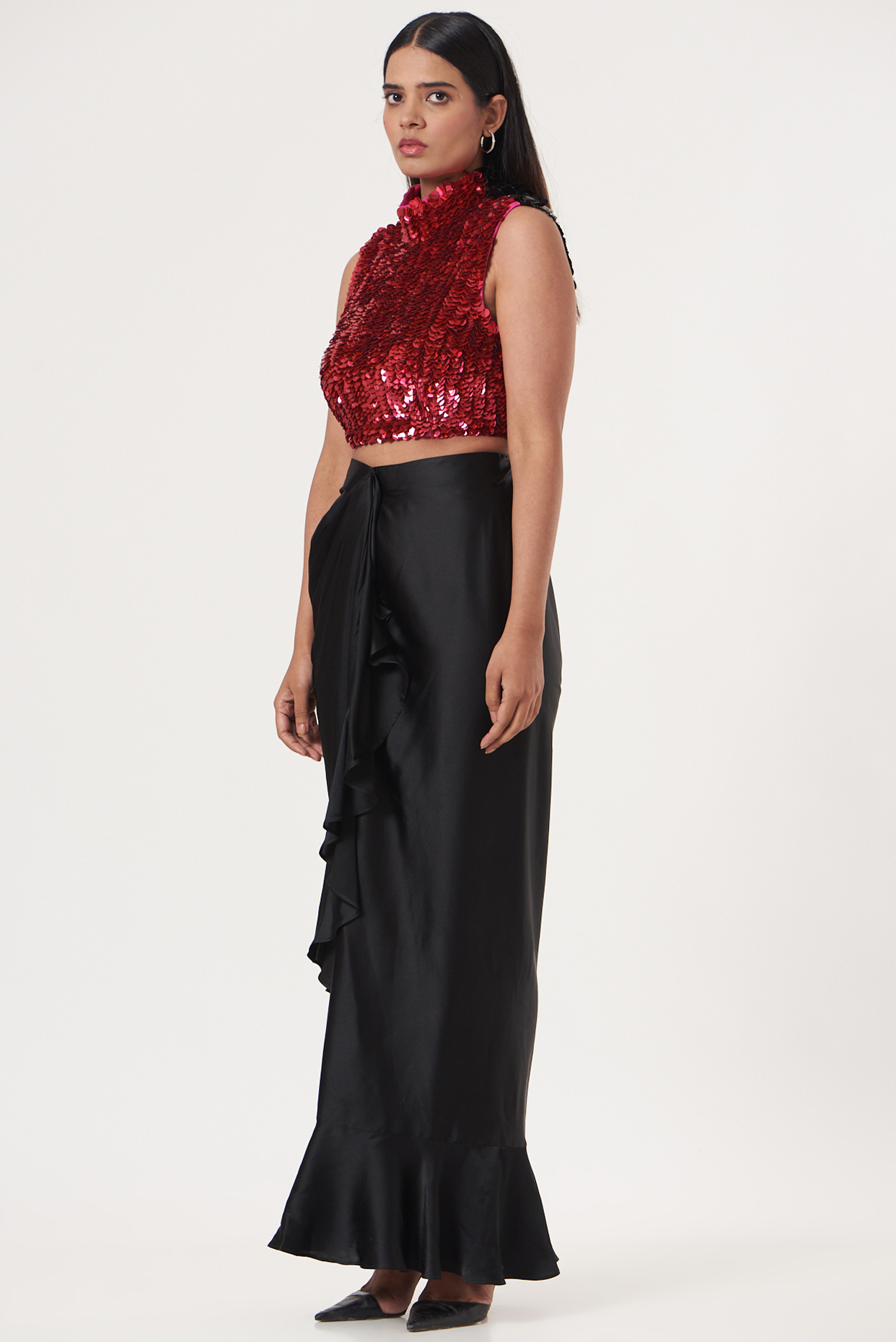 Black Pleated Sequins Ruffled Lungi Skirt by 431-88 By Shweta Kapur
