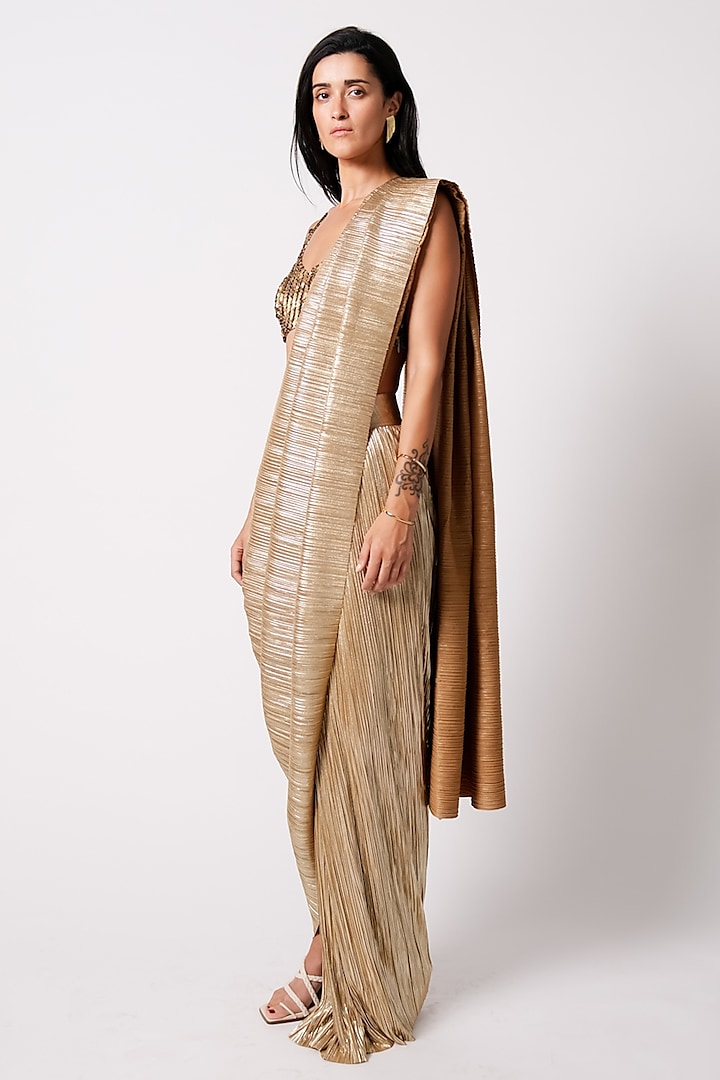 Gold Silk Pleated Metallic Wedding Saree Set by 431-88 By Shweta Kapur at Pernia's Pop Up Shop
