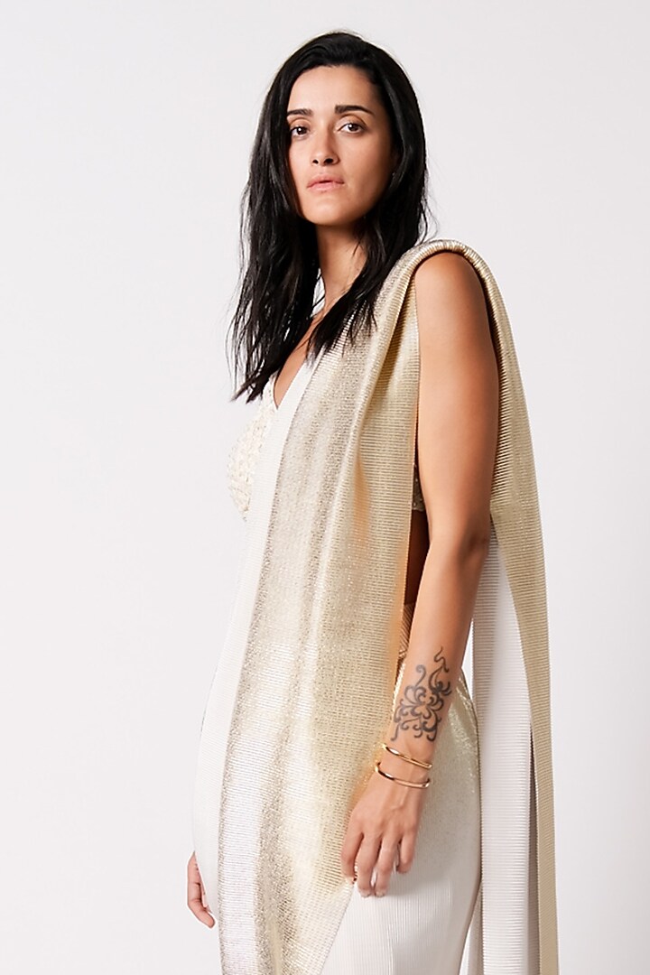 White Metallic Silk Foil Ombre Pre-Draped Wedding Saree Set by 431-88 By Shweta Kapur at Pernia's Pop Up Shop