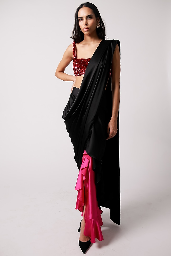 Black & Fuchsia Silk Satin Draped Saree Set by 431-88 By Shweta Kapur