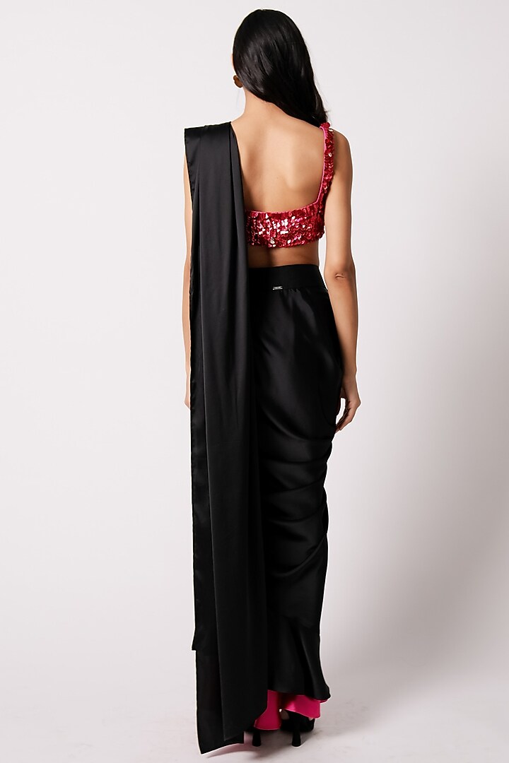 Black & Fuchsia Silk Satin Draped Wedding Saree Set by 431-88 By Shweta Kapur at Pernia's Pop Up Shop