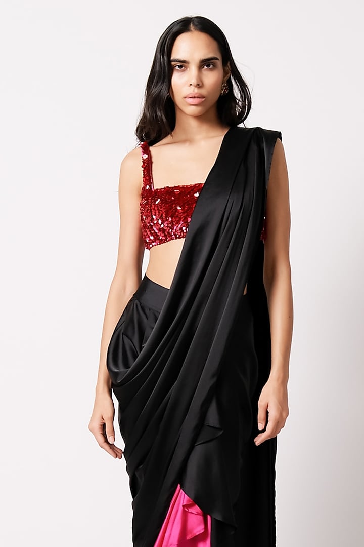 Black & Fuchsia Silk Satin Draped Wedding Saree Set by 431-88 By Shweta Kapur at Pernia's Pop Up Shop