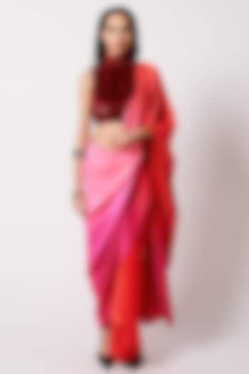 Pink & Red Ombre Silk Draped Reception Saree Set by 431-88 By Shweta Kapur at Pernia's Pop Up Shop