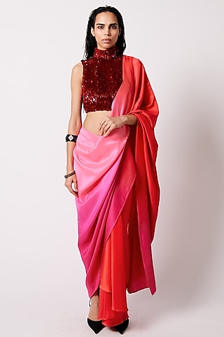 Pink & Red Ombre Silk Draped Saree Set by 431-88 By Shweta Kapur