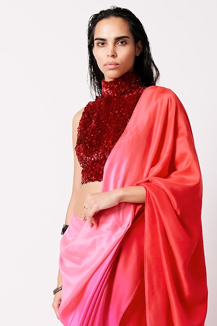 Pink & Red Ombre Silk Draped Reception Saree Set by 431-88 By Shweta Kapur at Pernia's Pop Up Shop