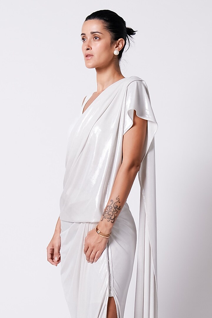 Ecru Silk & Jersey Draped Wedding Saree Set by 431-88 By Shweta Kapur at Pernia's Pop Up Shop