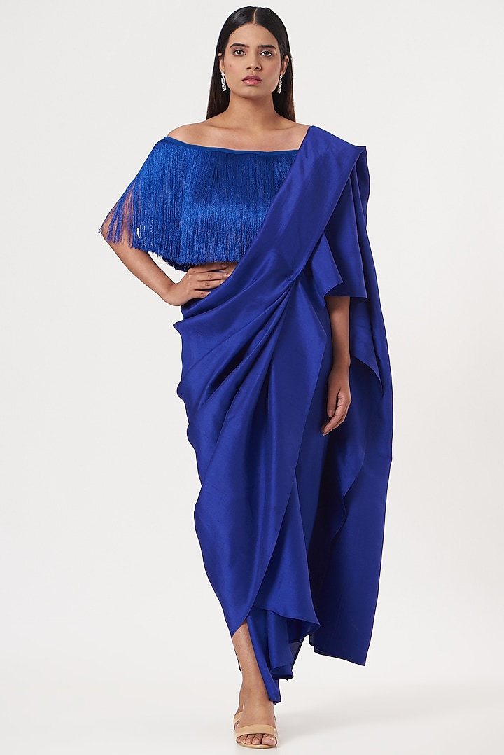 Blue Satin Fringe Top by 431-88 By Shweta Kapur at Pernia's Pop Up Shop