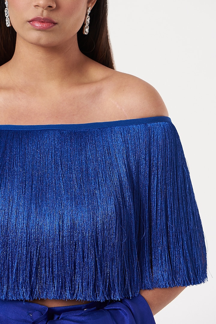 Blue Satin Fringe Top by 431-88 By Shweta Kapur at Pernia's Pop Up Shop