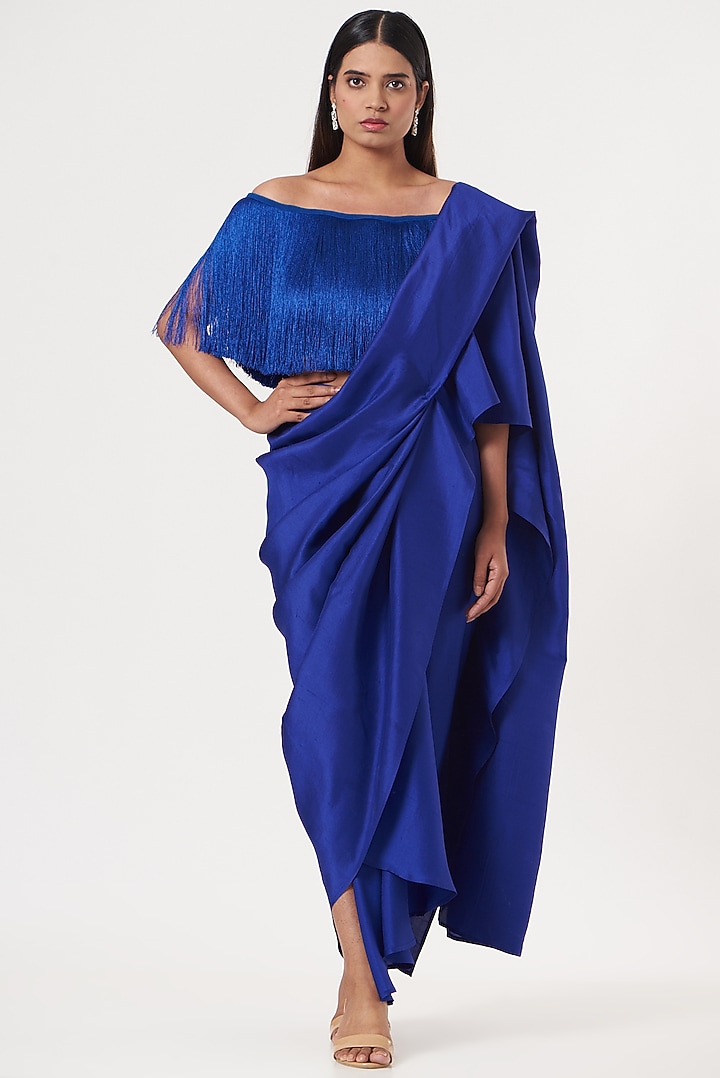 Blue Silk Pre-Draped Wedding Saree by 431-88 By Shweta Kapur at Pernia's Pop Up Shop