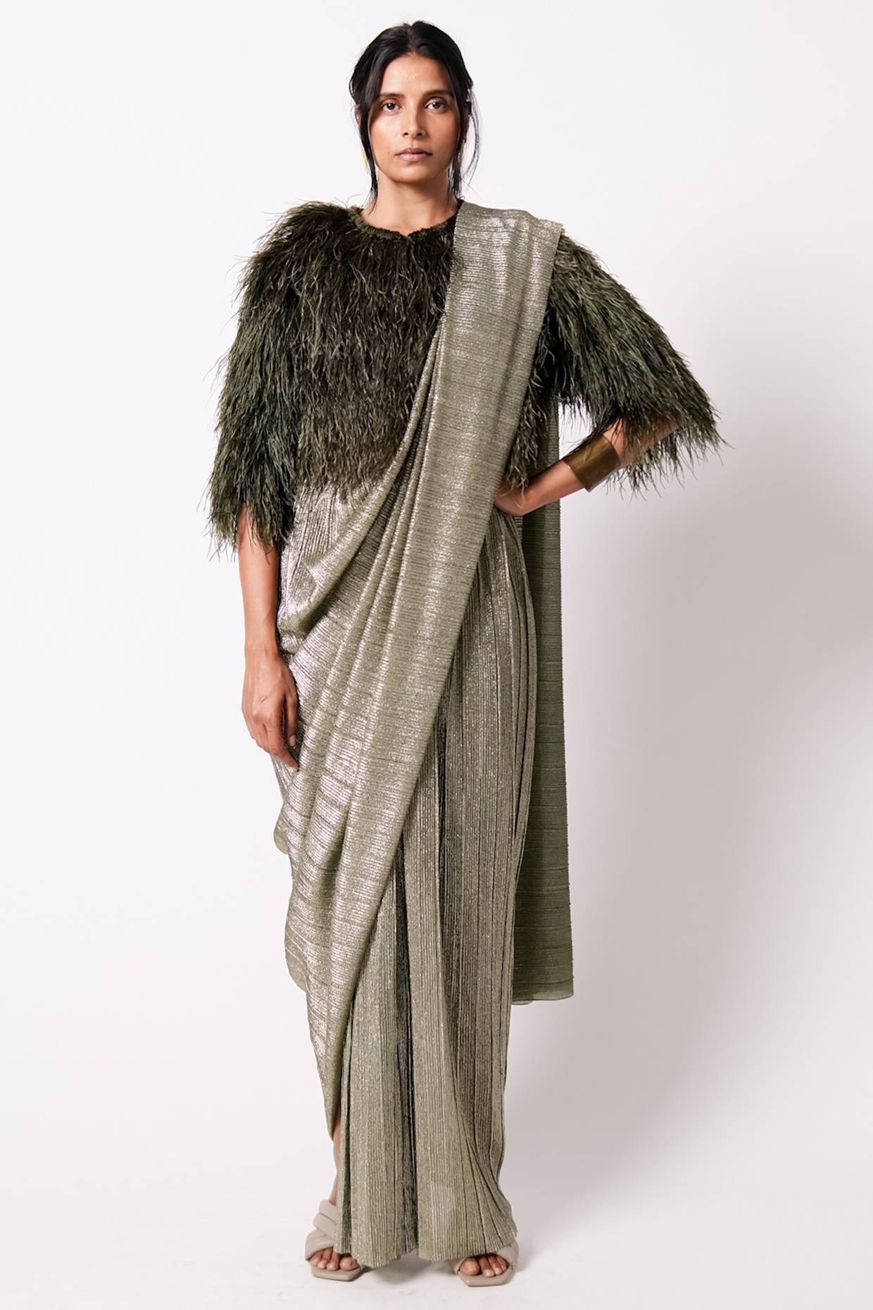 Olive Pleated Metallic Draped Saree Set by 431-88 By Shweta Kapur