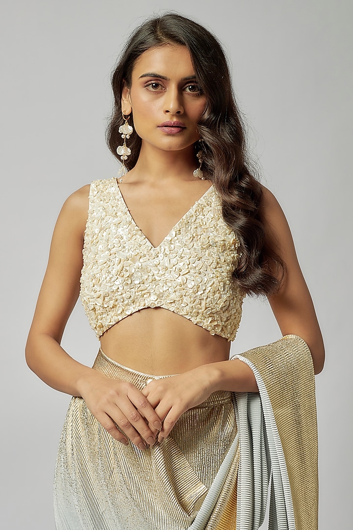 White Silk Pearl Hand Embroidered Blouse by 431-88 By Shweta Kapur