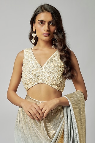 White Silk Pearl Hand Embroidered Blouse by 431-88 By Shweta Kapur