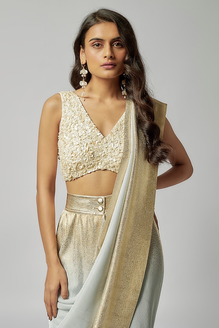 White Silk Pearl Hand Embroidered Blouse by 431-88 By Shweta Kapur at Pernia's Pop Up Shop