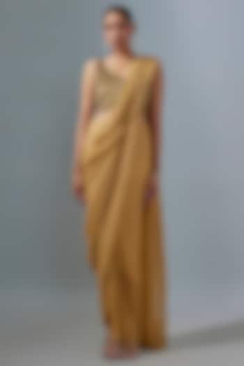 Gold Shimmer Net Pre-Draped Saree by 431-88 By Shweta Kapur at Pernia's Pop Up Shop