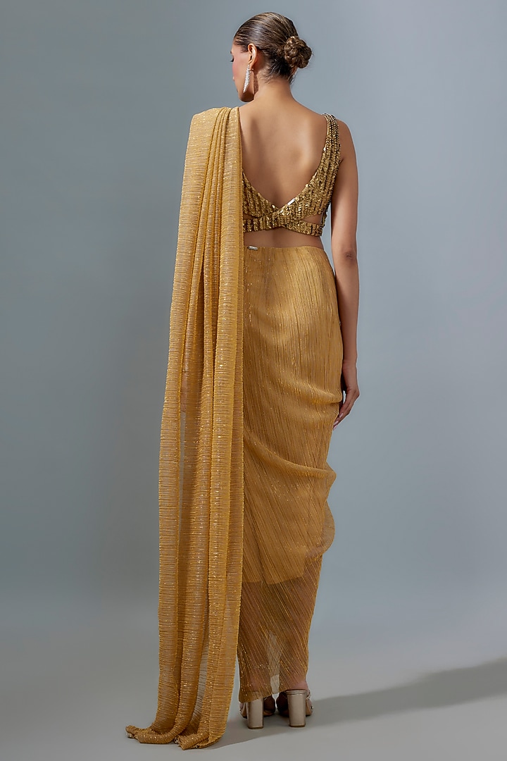 Gold Shimmer Net Pre-Draped Wedding Saree by 431-88 By Shweta Kapur at Pernia's Pop Up Shop