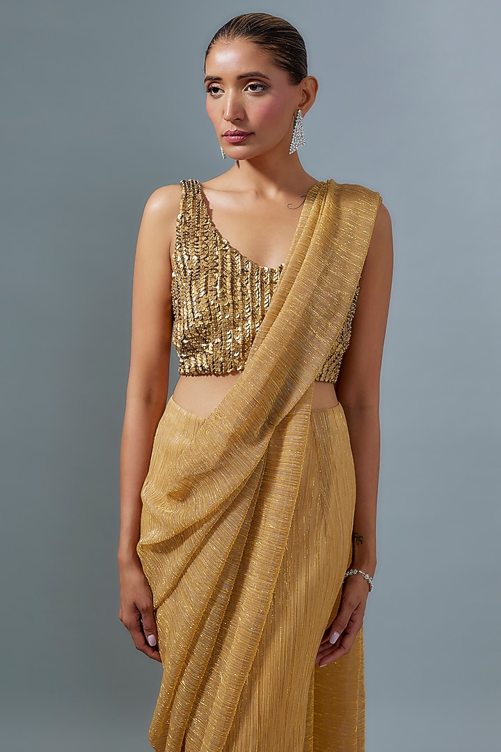 Gold Shimmer Net Pre-Draped Wedding Saree by 431-88 By Shweta Kapur at Pernia's Pop Up Shop