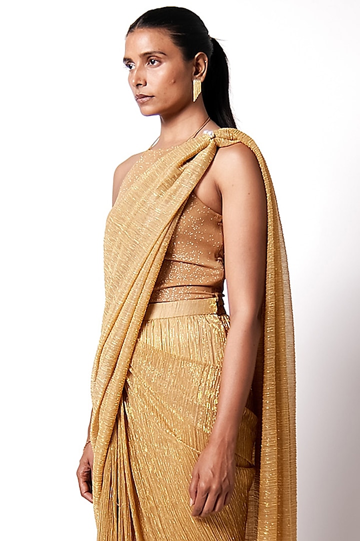 Gold Shimmer Net Draped Wedding Saree by 431-88 By Shweta Kapur at Pernia's Pop Up Shop
