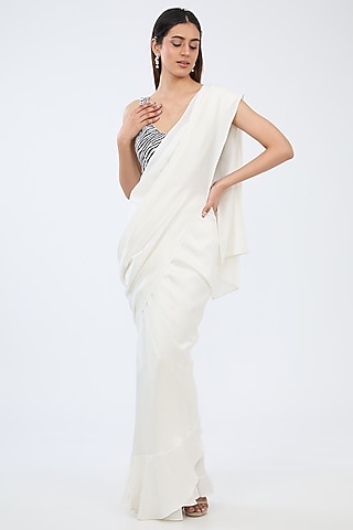 White Silk Pre-Draped Saree by 431-88 By Shweta Kapur