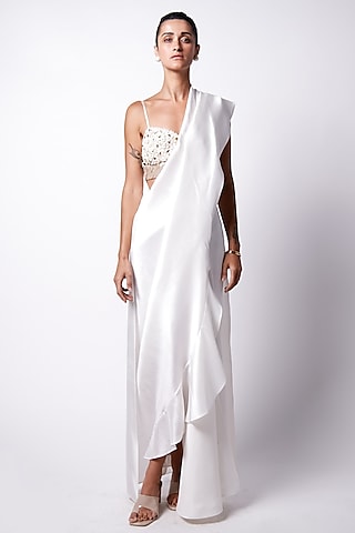 White Silk Draped Cape Saree Set by 431-88 By Shweta Kapur