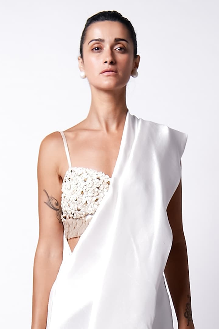 White Silk Draped Cape Wedding Saree Set by 431-88 By Shweta Kapur at Pernia's Pop Up Shop