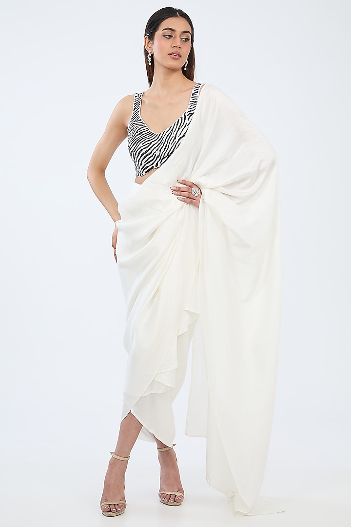 White Silk Pre-Draped Wedding Saree by 431-88 By Shweta Kapur at Pernia's Pop Up Shop