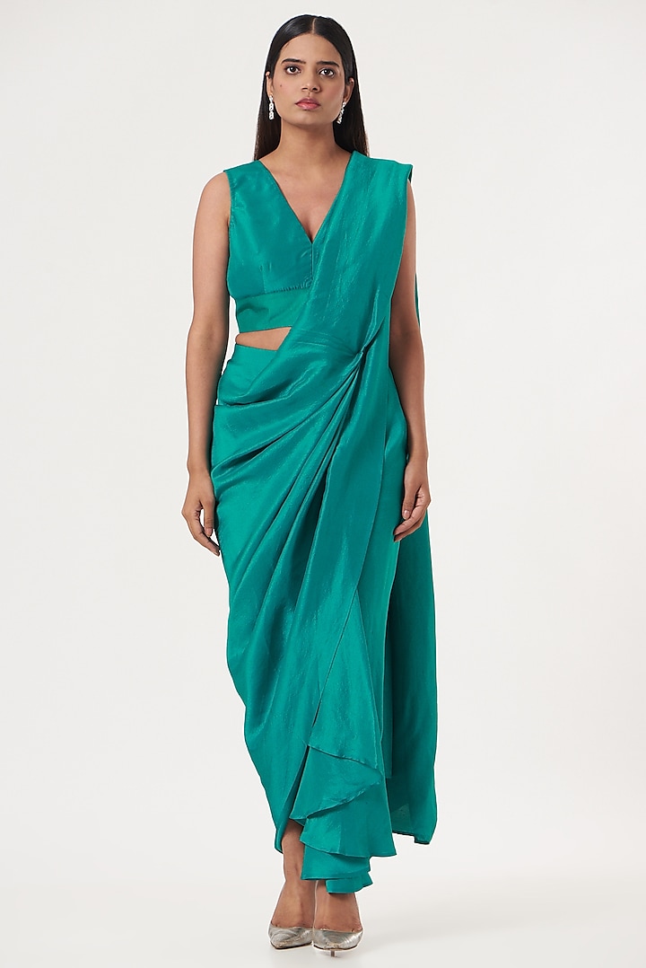 Turquoise Silk Pre-Draped Saree Set by 431-88 By Shweta Kapur