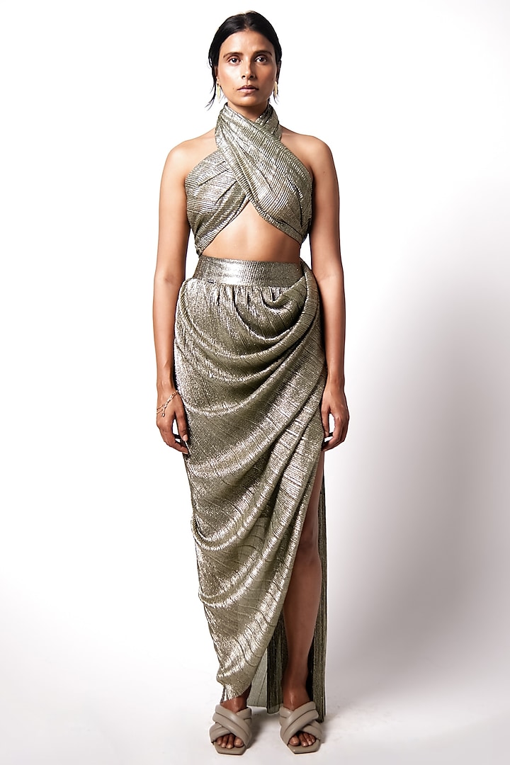Olive Pleated Metallic Gown Saree by 431-88 By Shweta Kapur