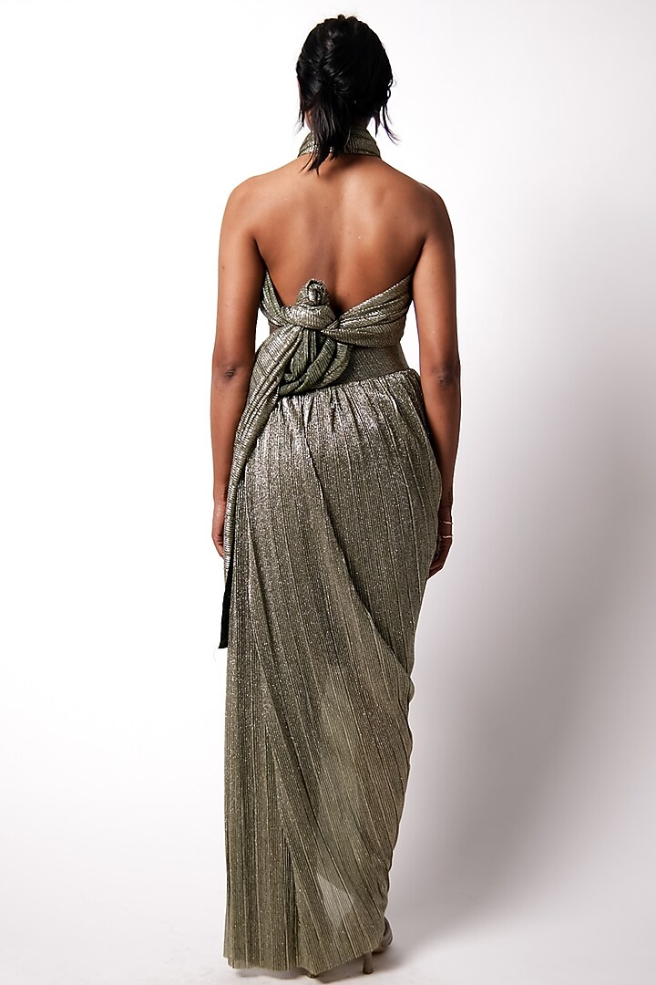 Olive Pleated Metallic Wedding Gown Saree by 431-88 By Shweta Kapur at Pernia's Pop Up Shop