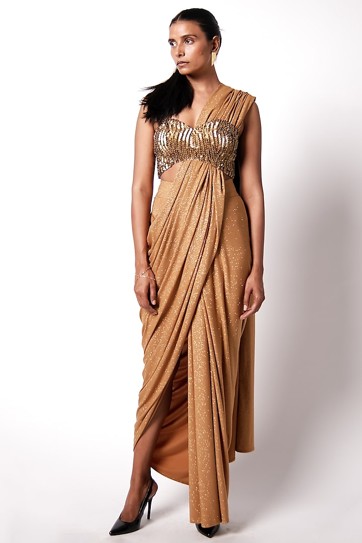 Gold Shimmer Jersey Saree Set by 431-88 By Shweta Kapur