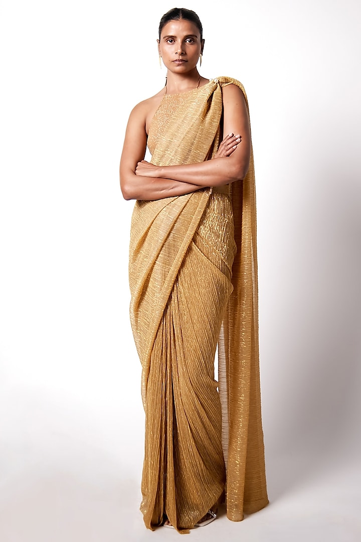 Gold Shimmer Net Pre-Draped Saree Set by 431-88 By Shweta Kapur