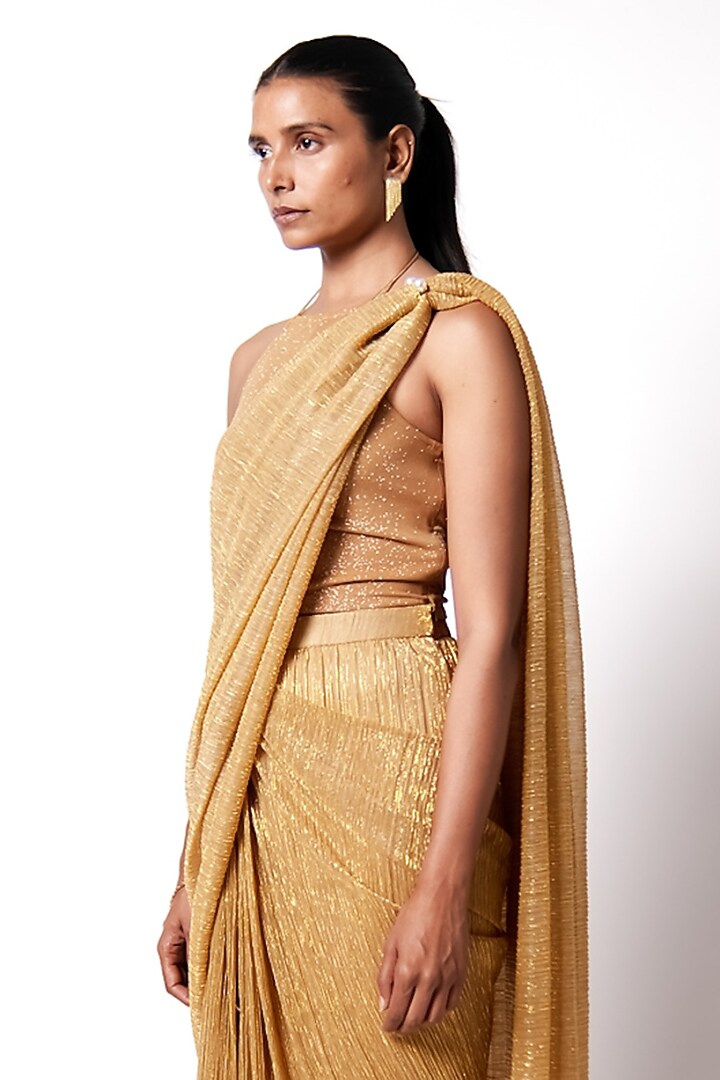 Gold Shimmer Net Pre-Draped Wedding Saree Set by 431-88 By Shweta Kapur at Pernia's Pop Up Shop