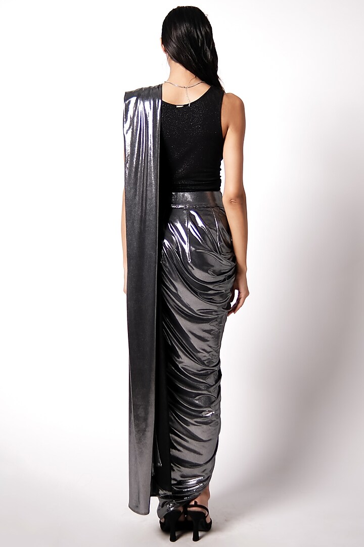 Charcoal Shimmer Jersey Draped Wedding Saree Set by 431-88 By Shweta Kapur at Pernia's Pop Up Shop