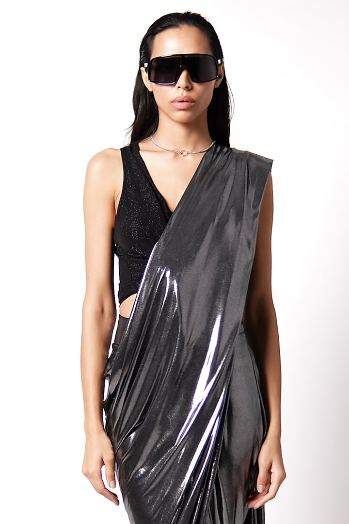 Charcoal Shimmer Jersey Draped Wedding Saree by 431-88 By Shweta Kapur at Pernia's Pop Up Shop