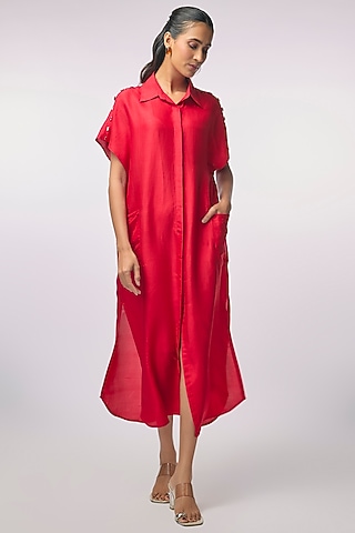 Red Silk Embellished Tunic by 431-88 By Shweta Kapur
