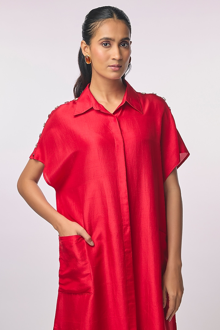 Red Silk Embellished Tunic by 431-88 By Shweta Kapur at Pernia's Pop Up Shop
