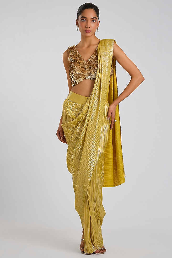 
Yellow & Gold Metallic Pleated Draped Wedding Saree by 431-88 By Shweta Kapur at Pernia's Pop Up Shop