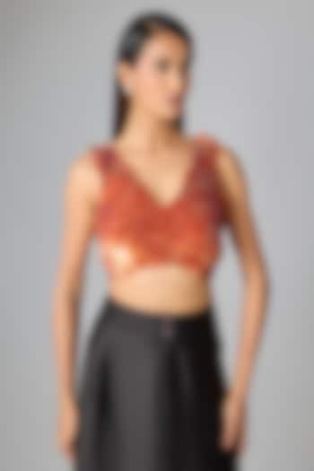 Copper Cotton Sequins Hand Embroidered V-Neck Blouse by 431-88 By Shweta Kapur at Pernia's Pop Up Shop